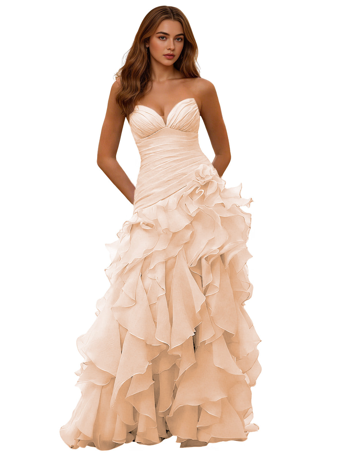 Strapless Organza Ruffle Ball Gown Prom Dress with Draped Corset Bodice