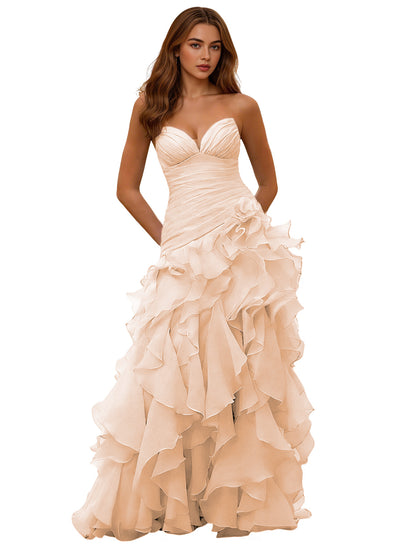 Strapless Organza Ruffle Ball Gown Prom Dress with Draped Corset Bodice