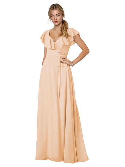 Tie Neck Chiffon Bridesmaid Dress with Flutter Sleeves