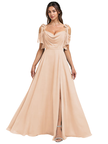 Cowl Neck Cold Shoulder Bridesmaid Dress with High Slit Chiffon Dress