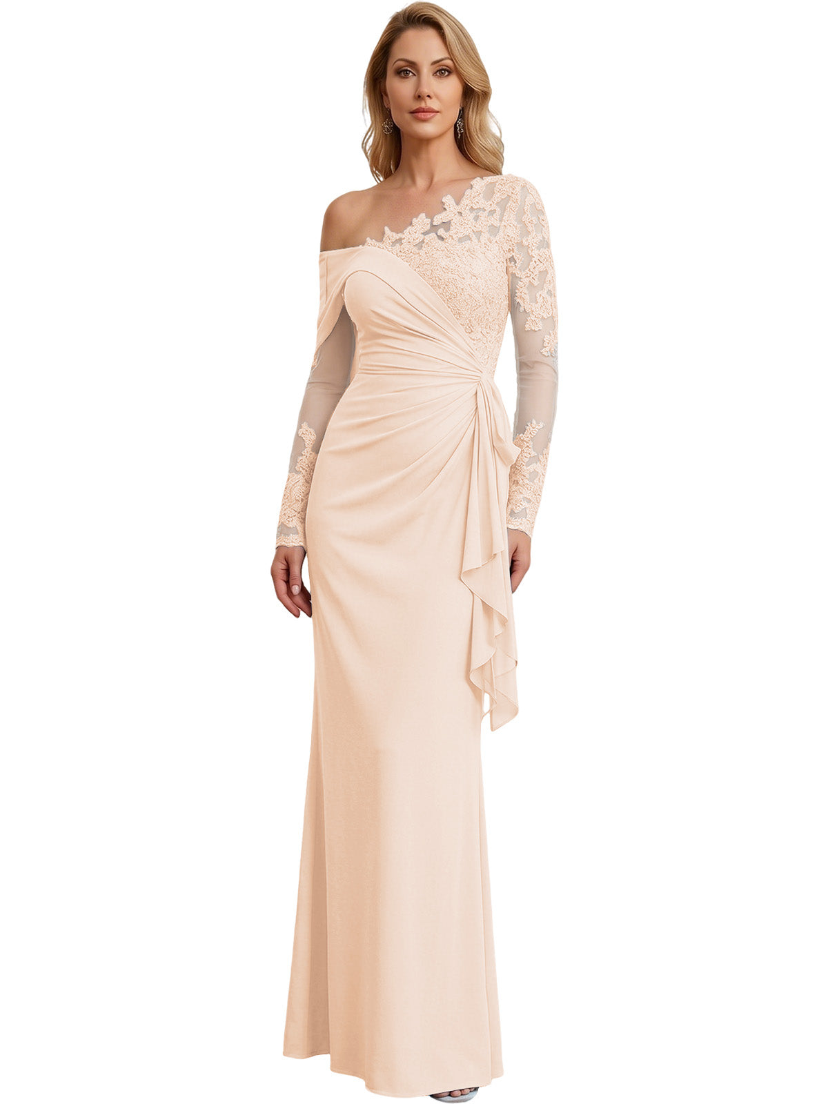 One Shoulder Mother of the Bride Gown Long Lace Sleeve Mermaid Dress with Draped Ruffle