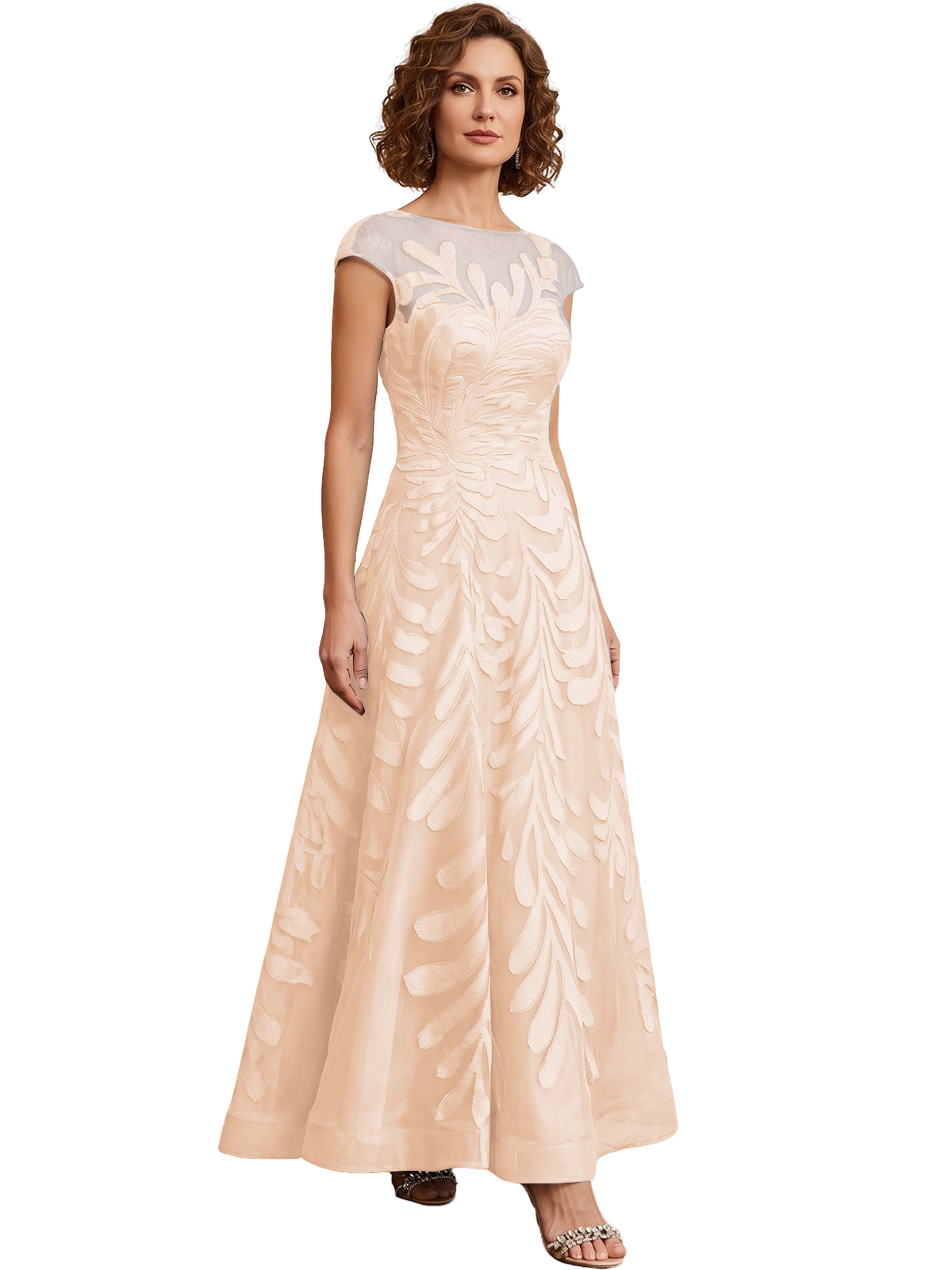 Embroidered Tulle Mother of the Bride Dress Long A-Line Gown with Illusion Cap Sleeves