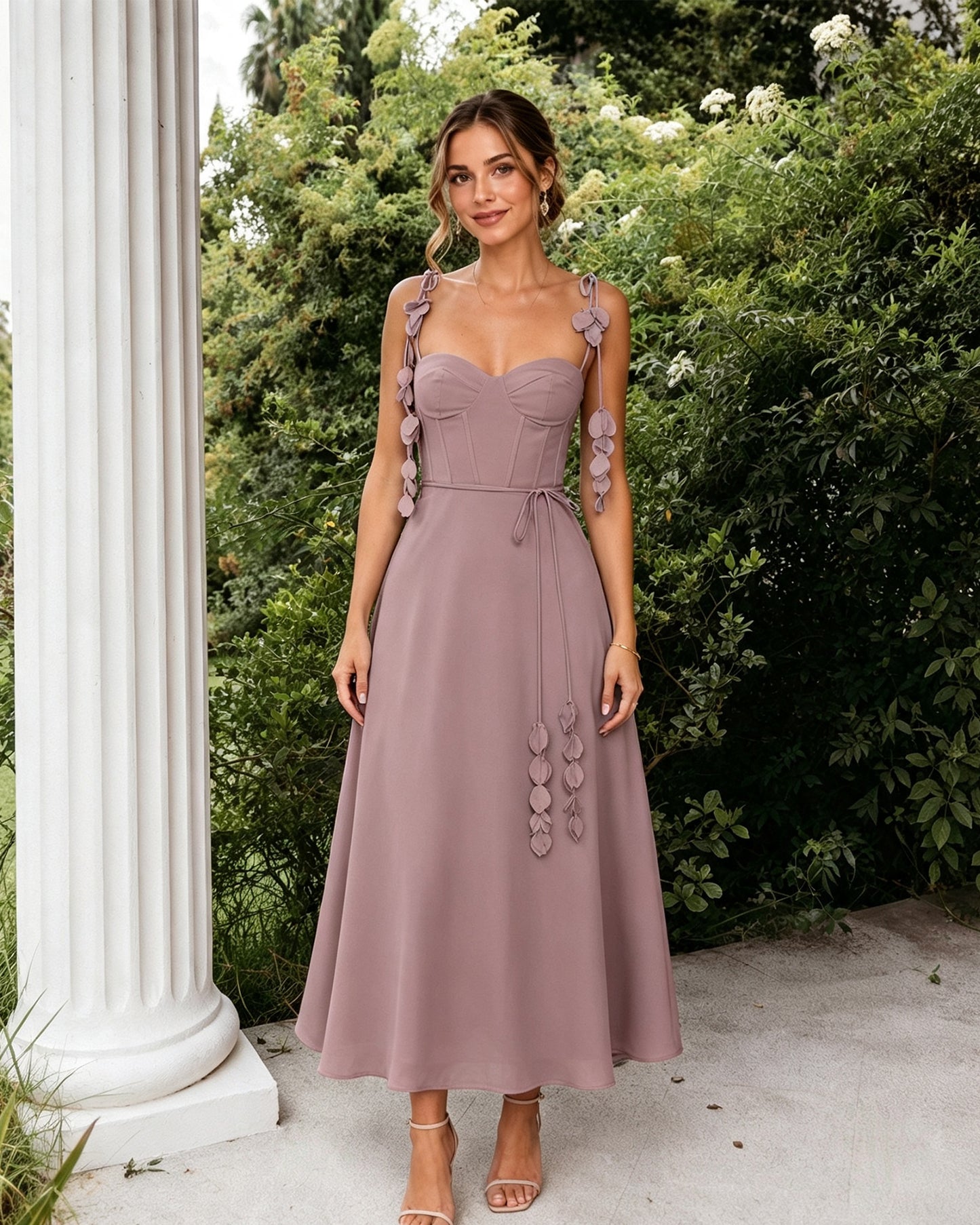 Sweetheart Floral Strap A-Line Midi Bridesmaid Dress with Corset Bodice