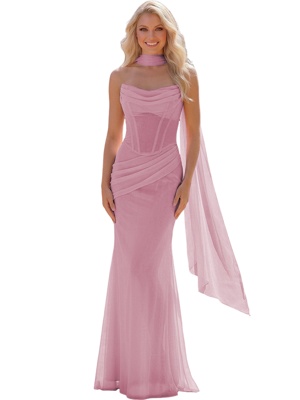Strapless Chiffon Bridesmaid Gown with Sheer Boned Bodice, Ruched Waist and Scarf