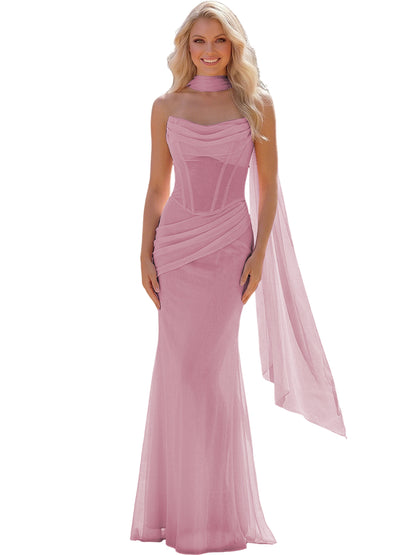 Pink Strapless Chiffon Bridesmaid Gown with Sheer Boned Bodice, Ruched Waist and Scarf color option