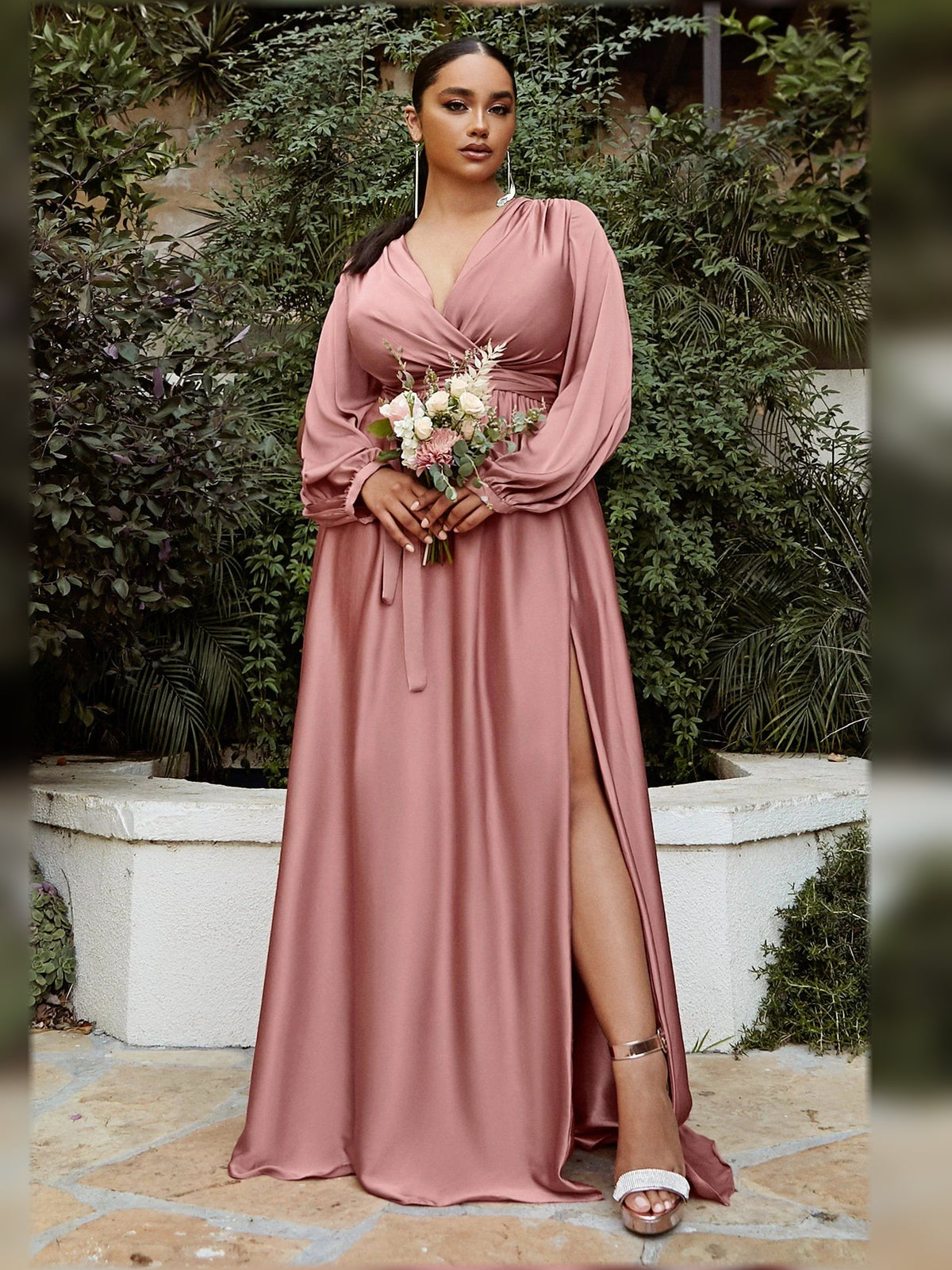 V Neck Long Sleeves Pleats Floor-Length Formal Dress