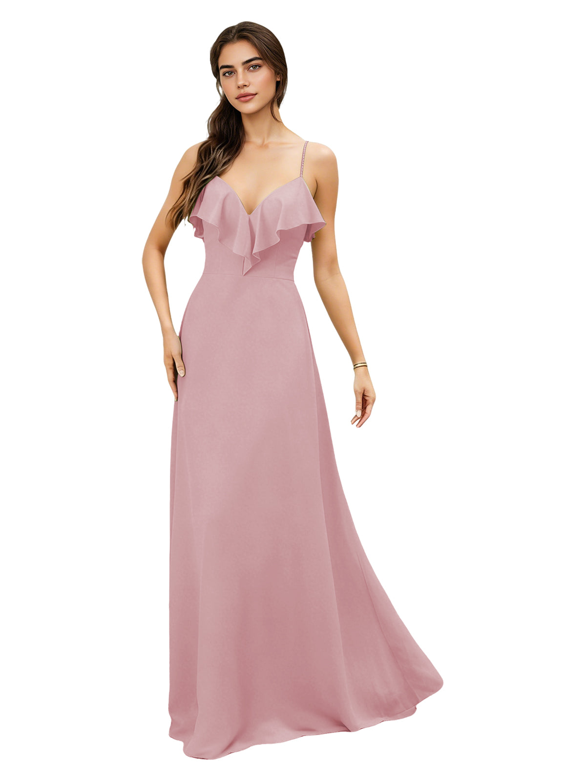 Ruffle V-Neck Chiffon Bridesmaid Dress with Spaghetti Straps