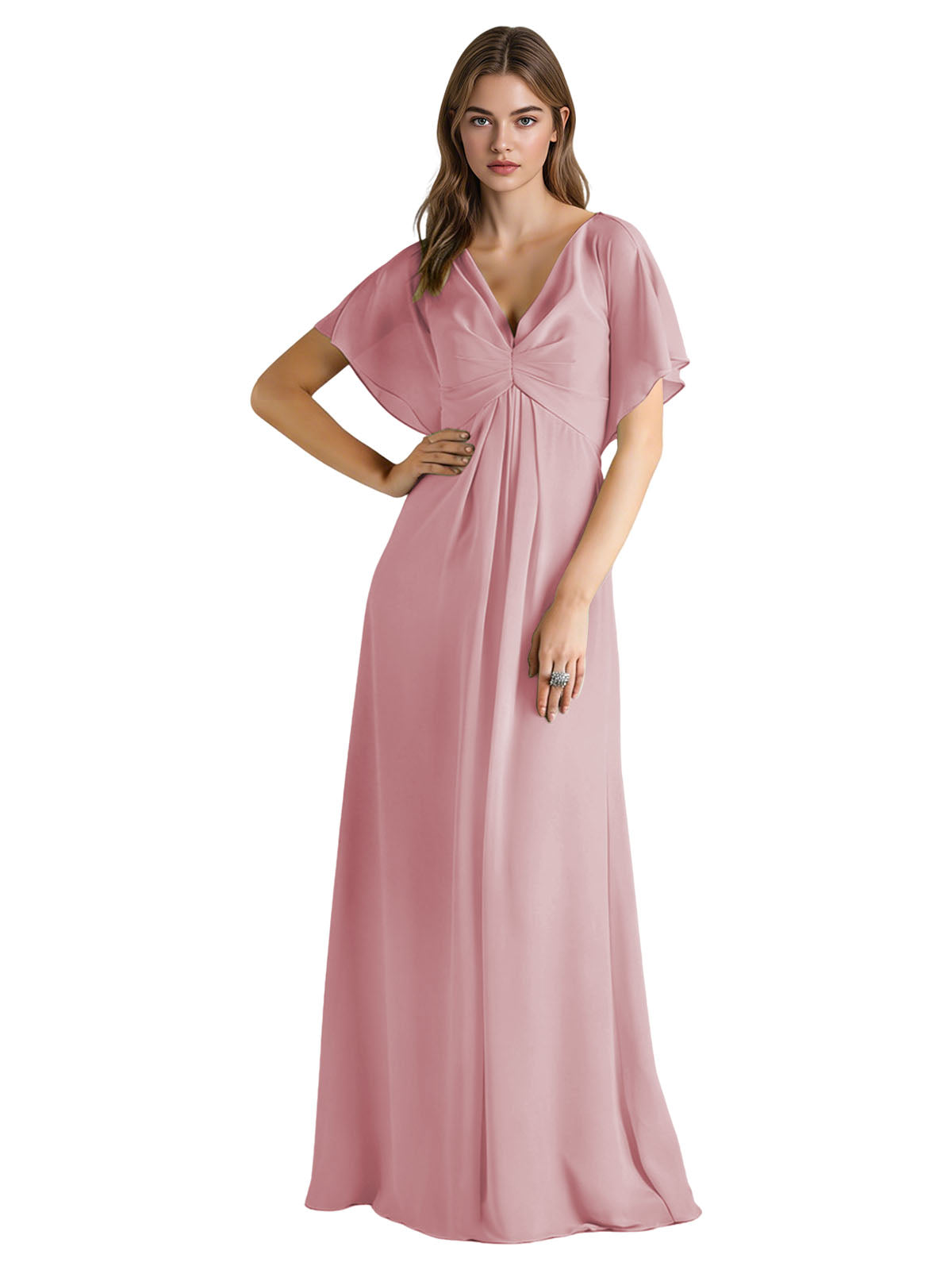 Short Sleeve V-Neck Chiffon Bridesmaid Dress with Gathered Waist