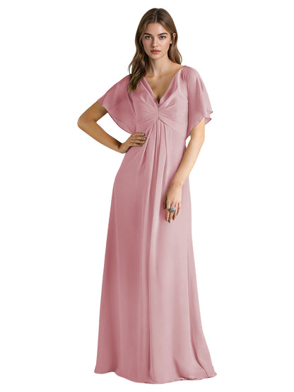 Short Sleeve V-Neck Chiffon Bridesmaid Dress with Gathered Waist