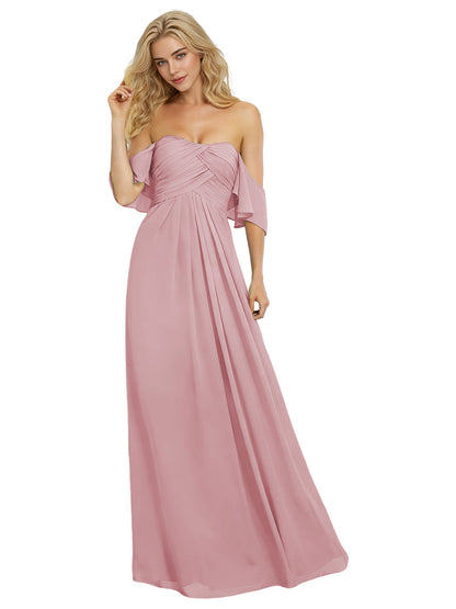 Off Shoulder Chiffon Bridesmaid Dress with Bow Sleeve Detail