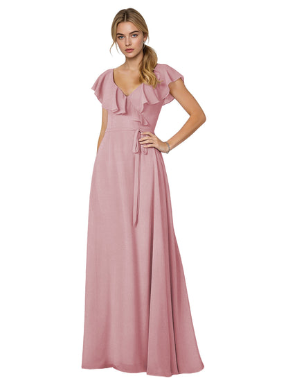 Tie Neck Chiffon Bridesmaid Dress with Flutter Sleeves