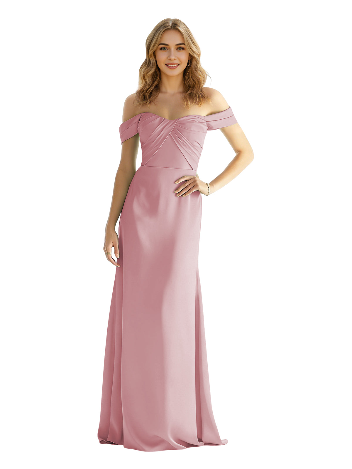 Sweetheart Off Shoulder Satin Bridesmaid Dress with Wrapped Bodice