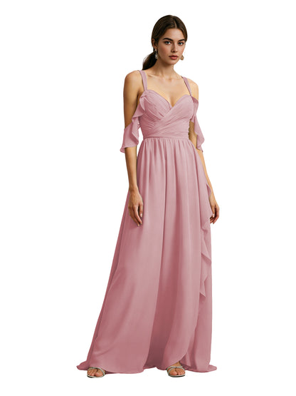 Cold Shoulder Chiffon Bridesmaid Dress with Draped V-Neck Bodice