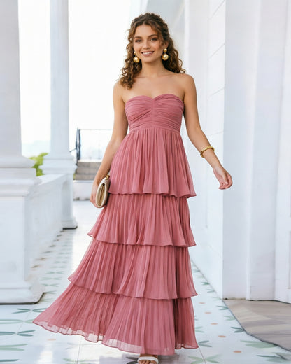 Strapless Tiered Pleated Formal Dress with Ruffle dress