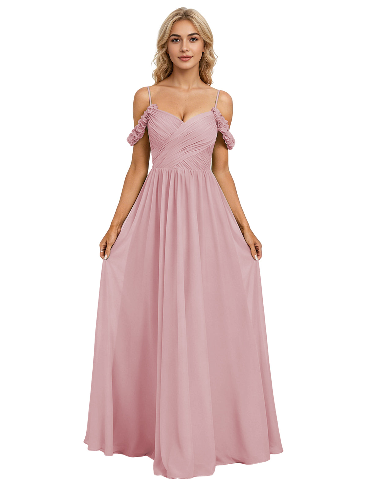 Off Shoulder Lace Applique Bridesmaid Dress with Flowing Chiffon dress