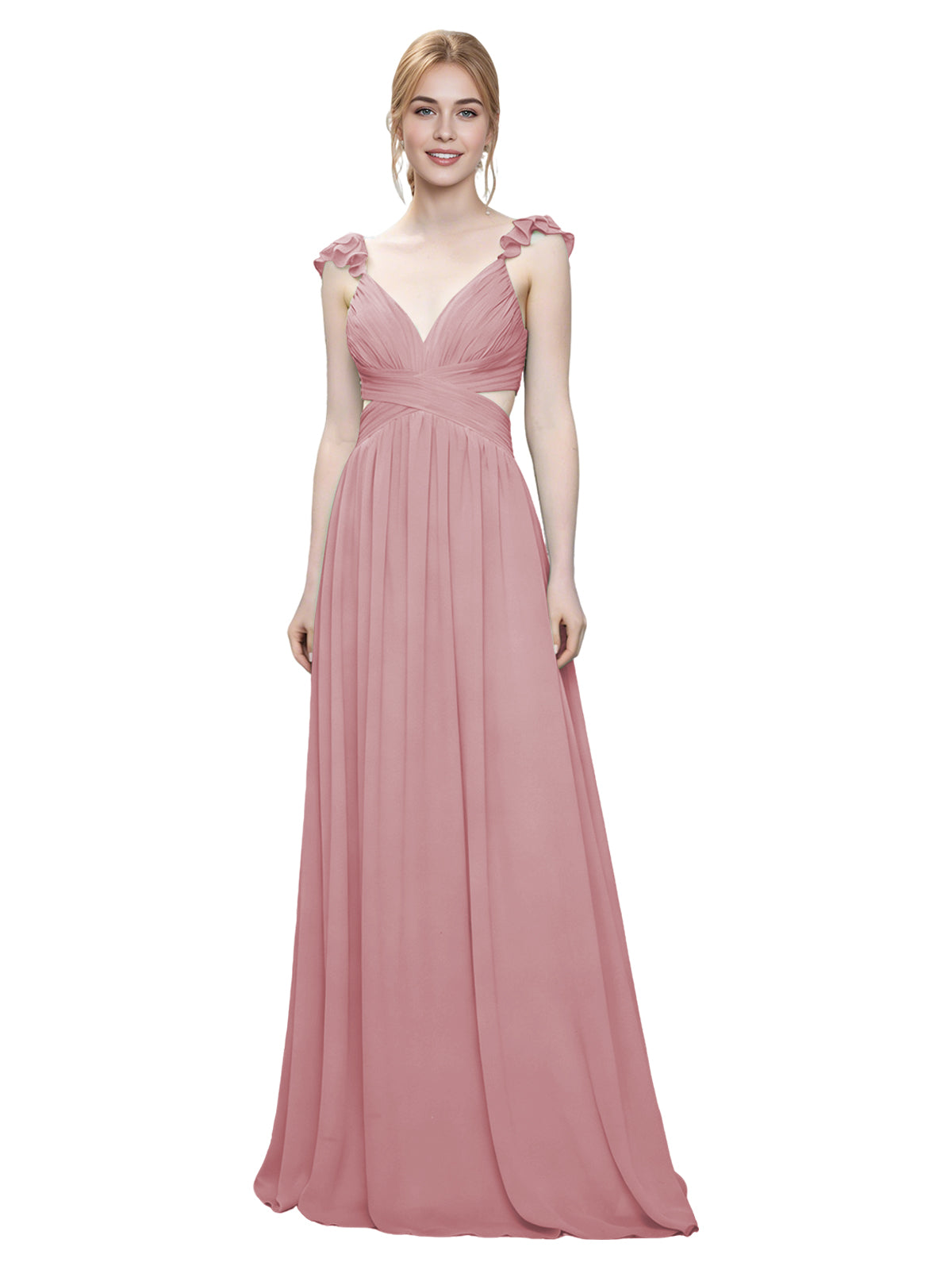 Ruffle Strap V-Neck Tulle Bridesmaid Dress with Pleated Waist