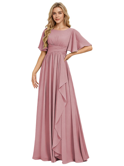 Flutter Sleeve Chiffon Bridesmaid Dress with Tiered Front Ruffle