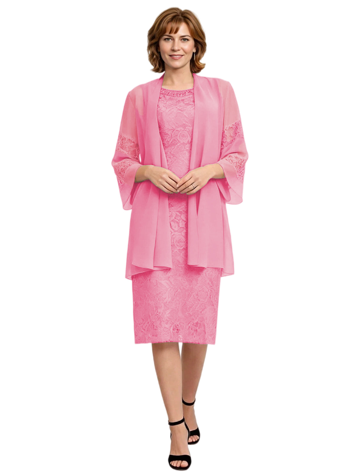 Mother of the Bride Dress with Jacket Knee Length Lace Formal Wedding Guest Outfit