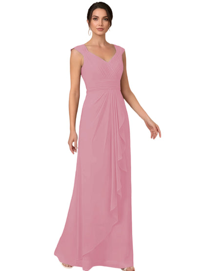 Mother of the Bride Dress Long Sleeveless V-Neck Chiffon Formal Gown with Ruffle Detail