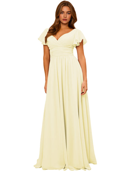V-Neck Flutter Sleeve Chiffon Bridesmaid Dress with Empire Waist