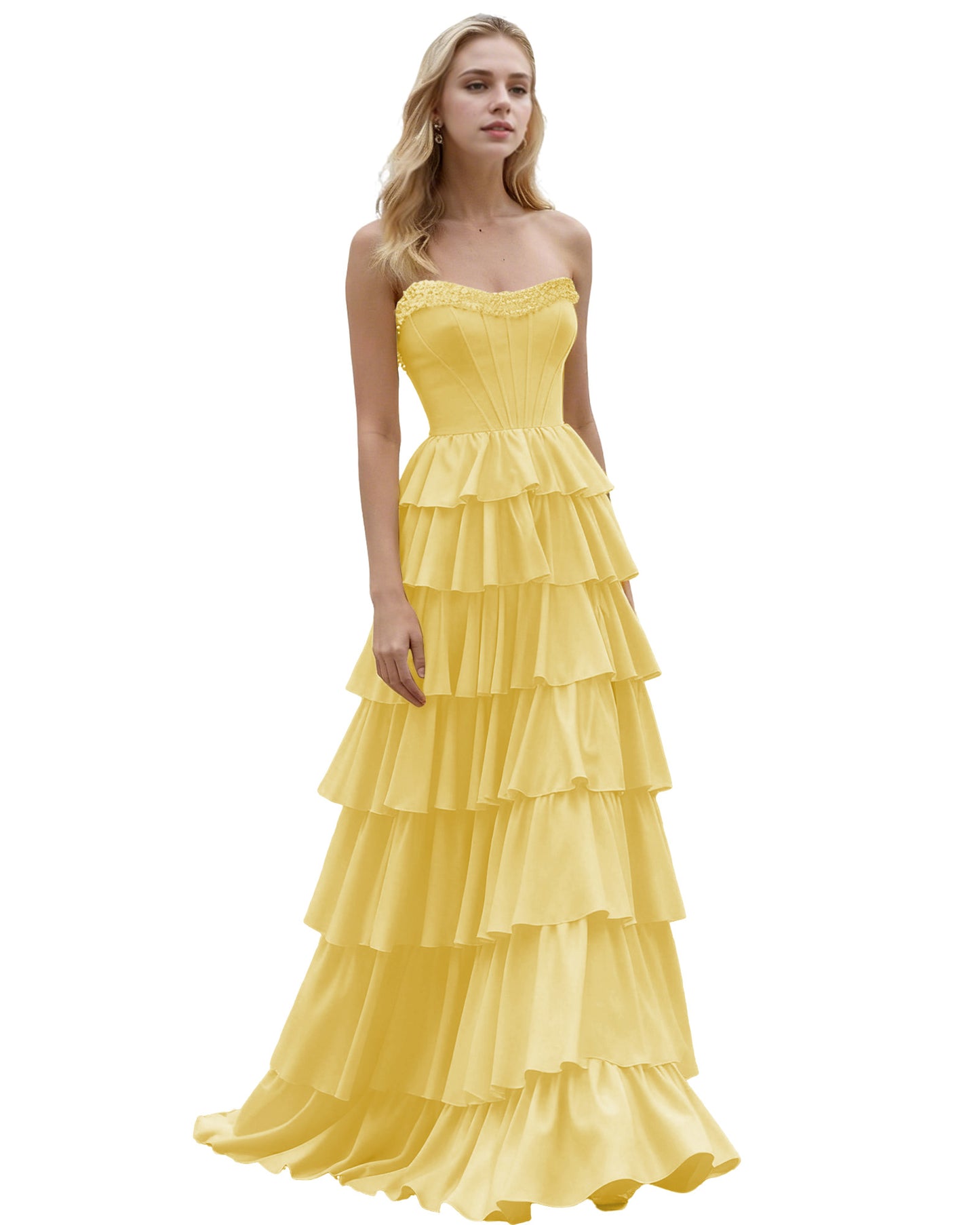 Strapless Tiered Ruffle A-Line Prom Dress with Corset Bodice