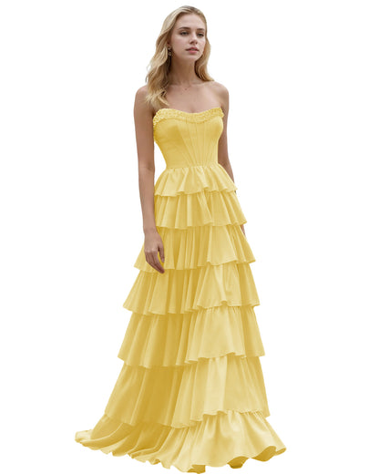 Strapless Tiered Ruffle A-Line Prom Dress with Corset Bodice