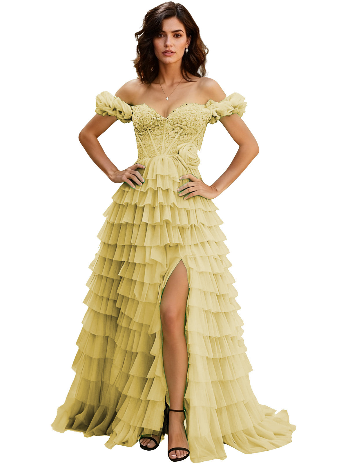 Off Shoulder Tulle Ball Gown Prom Dress with Ruffle Sleeves and Slit