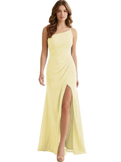 One Shoulder Ruched Chiffon Bridesmaid Dress with Front Slit