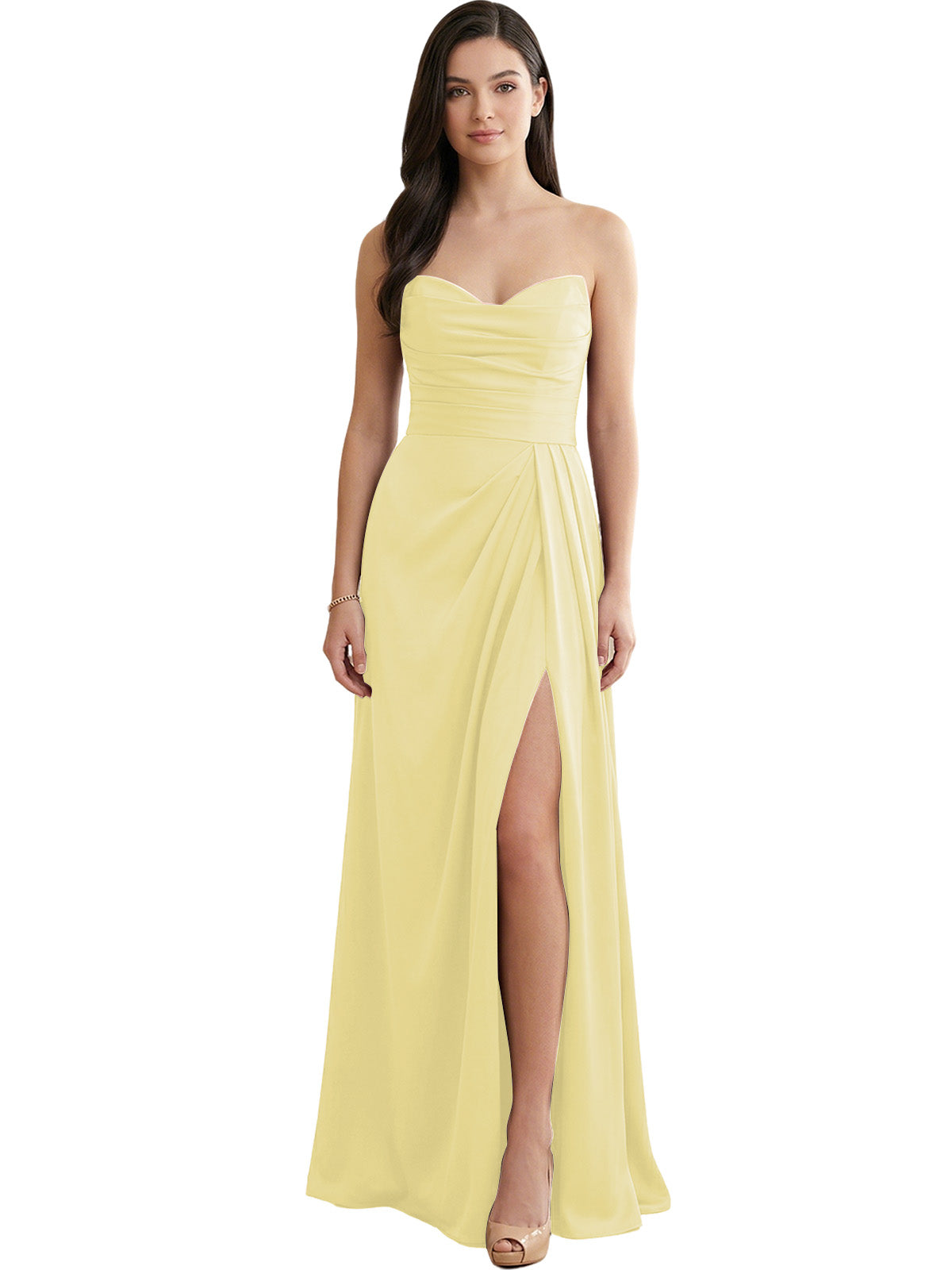 Strapless Pleated Satin Bridesmaid Dress with Side Slit