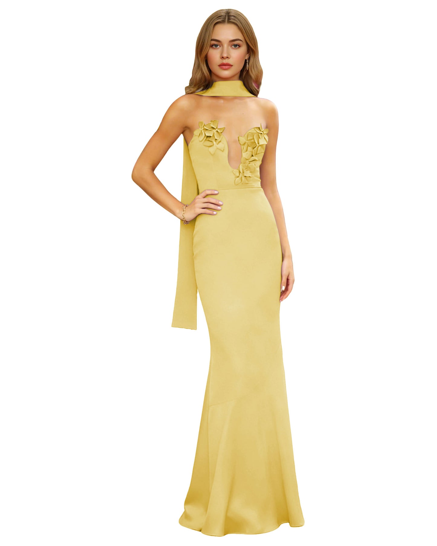 Halter Neck Satin Column Prom Dress with Illusion Cutout and Open Back