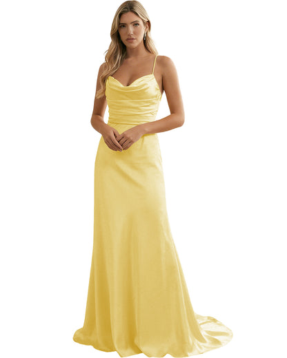 Spaghetti Straps Ruched Satin Floor Length Bridesmaid Dress
