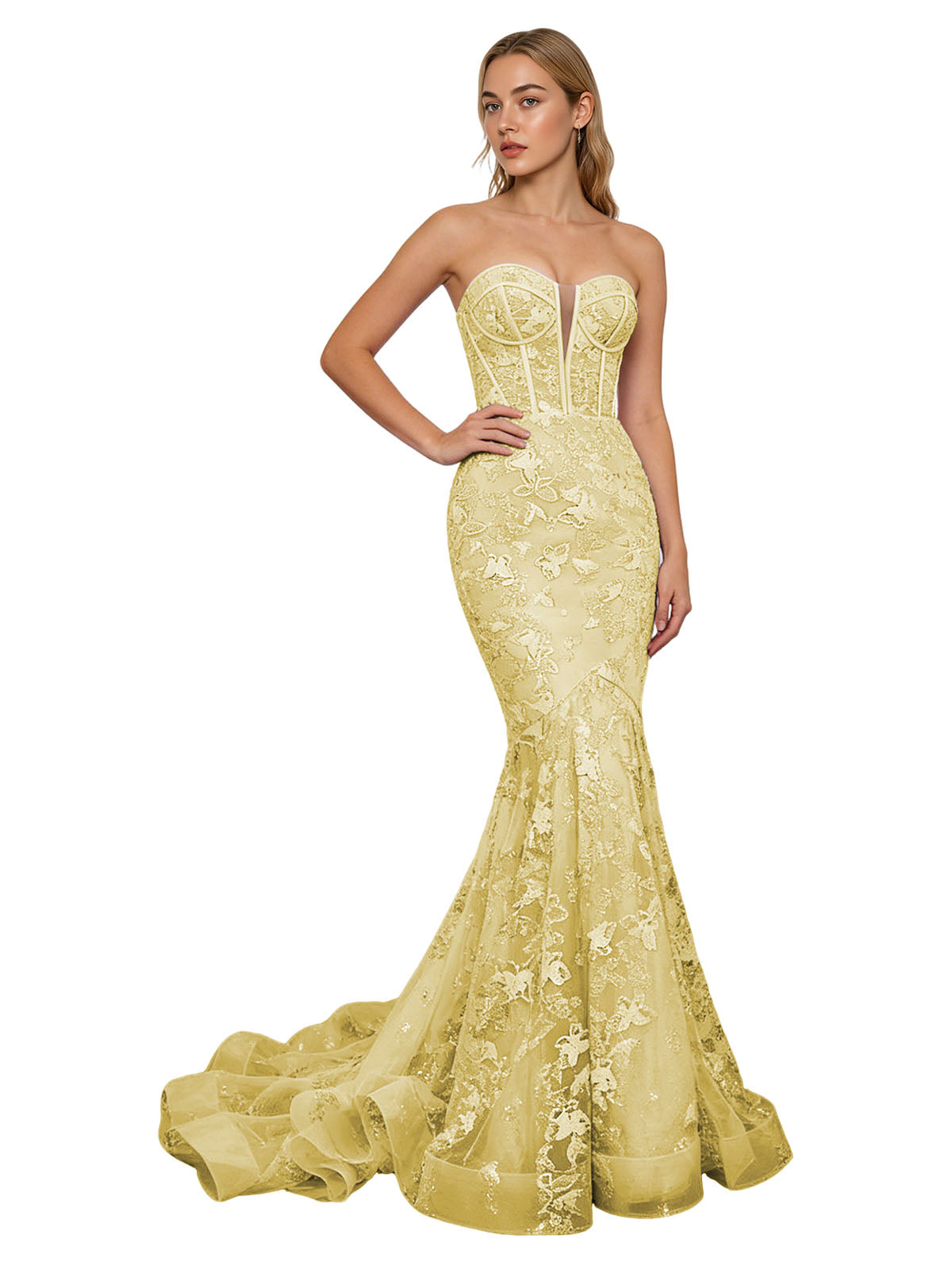 Strapless Lavender Lace Mermaid Prom Dress with Sheer Corset and Train