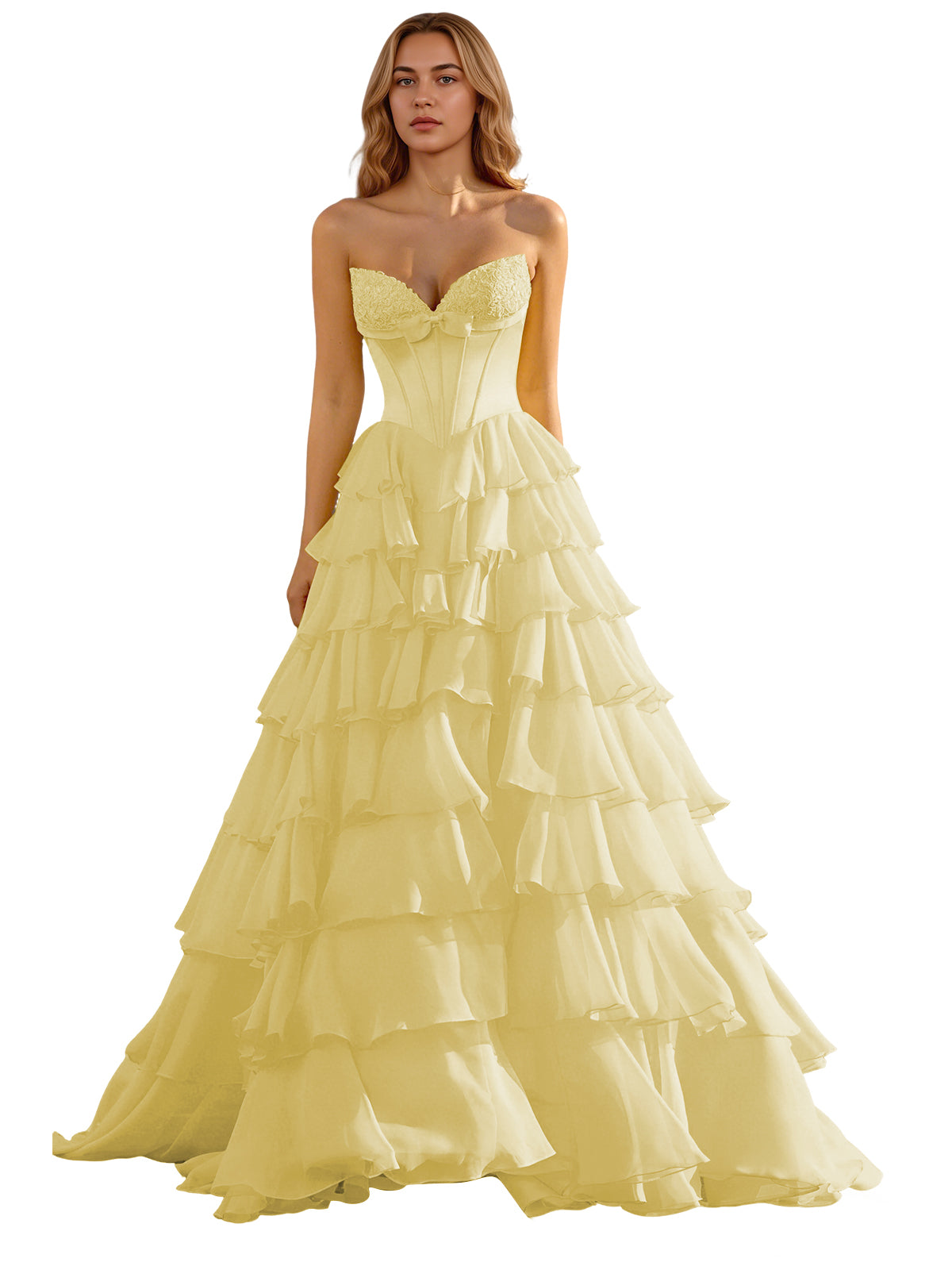 Strapless Tiered Organza Ball Gown Prom Dress with Corset Top
