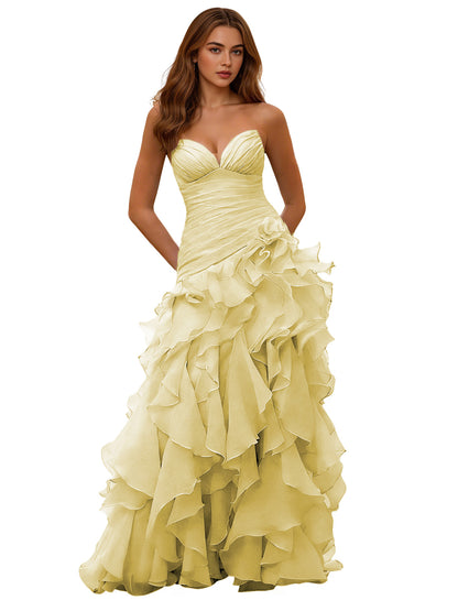 Strapless Organza Ruffle Ball Gown Prom Dress with Draped Corset Bodice