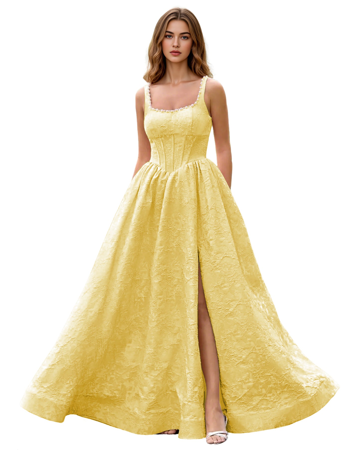 Square Neck Jacquard Ball Gown Prom Dress with Wide Straps and Pockets