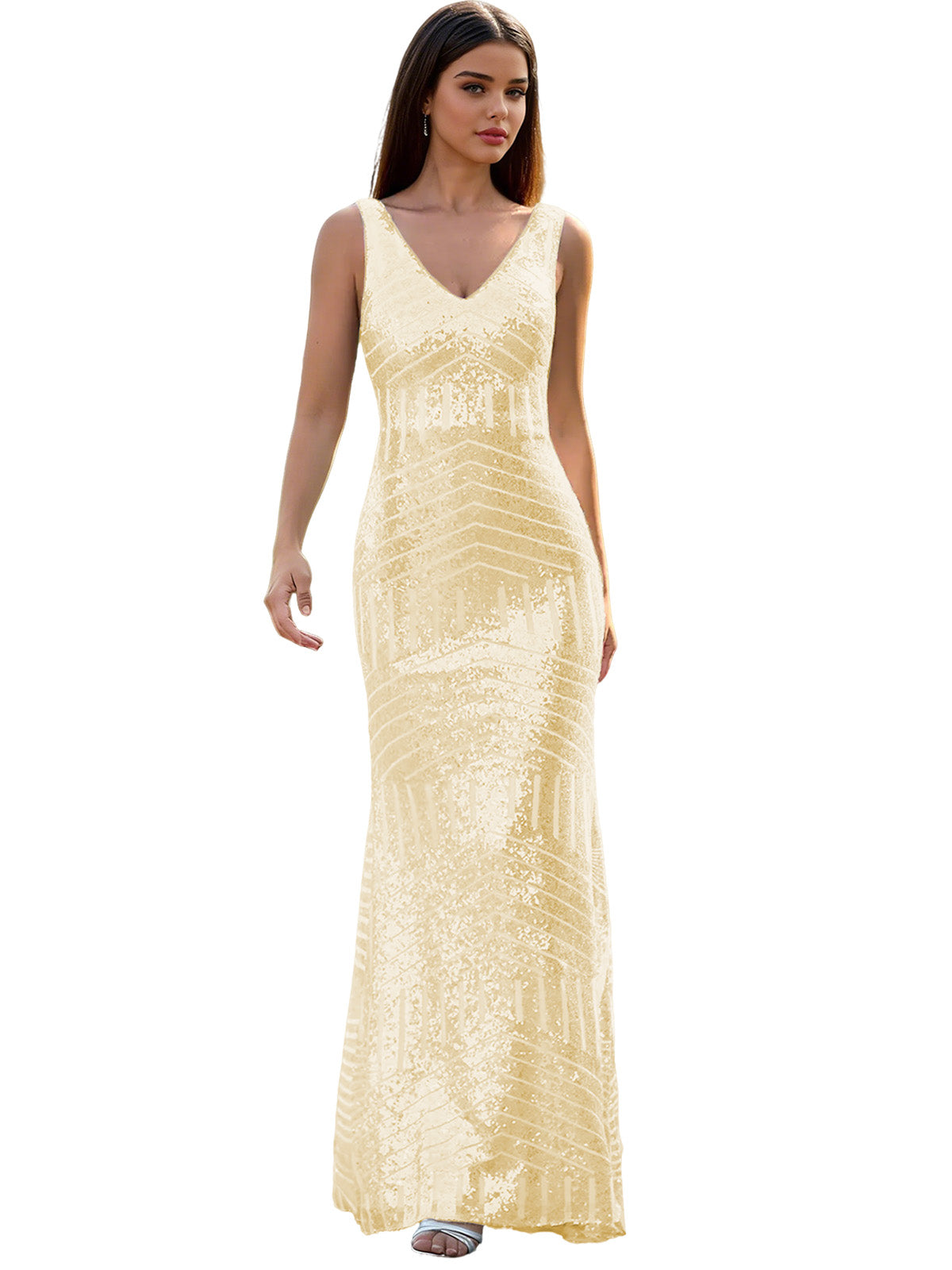 V-Neck Sequin Column Prom Dress with Beaded Waist and Low Back