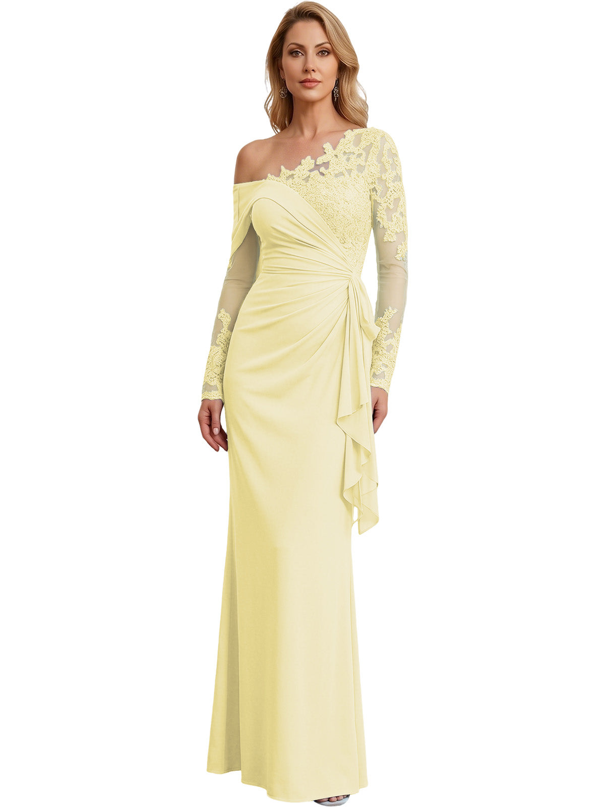 One Shoulder Mother of the Bride Gown Long Lace Sleeve Mermaid Dress with Draped Ruffle