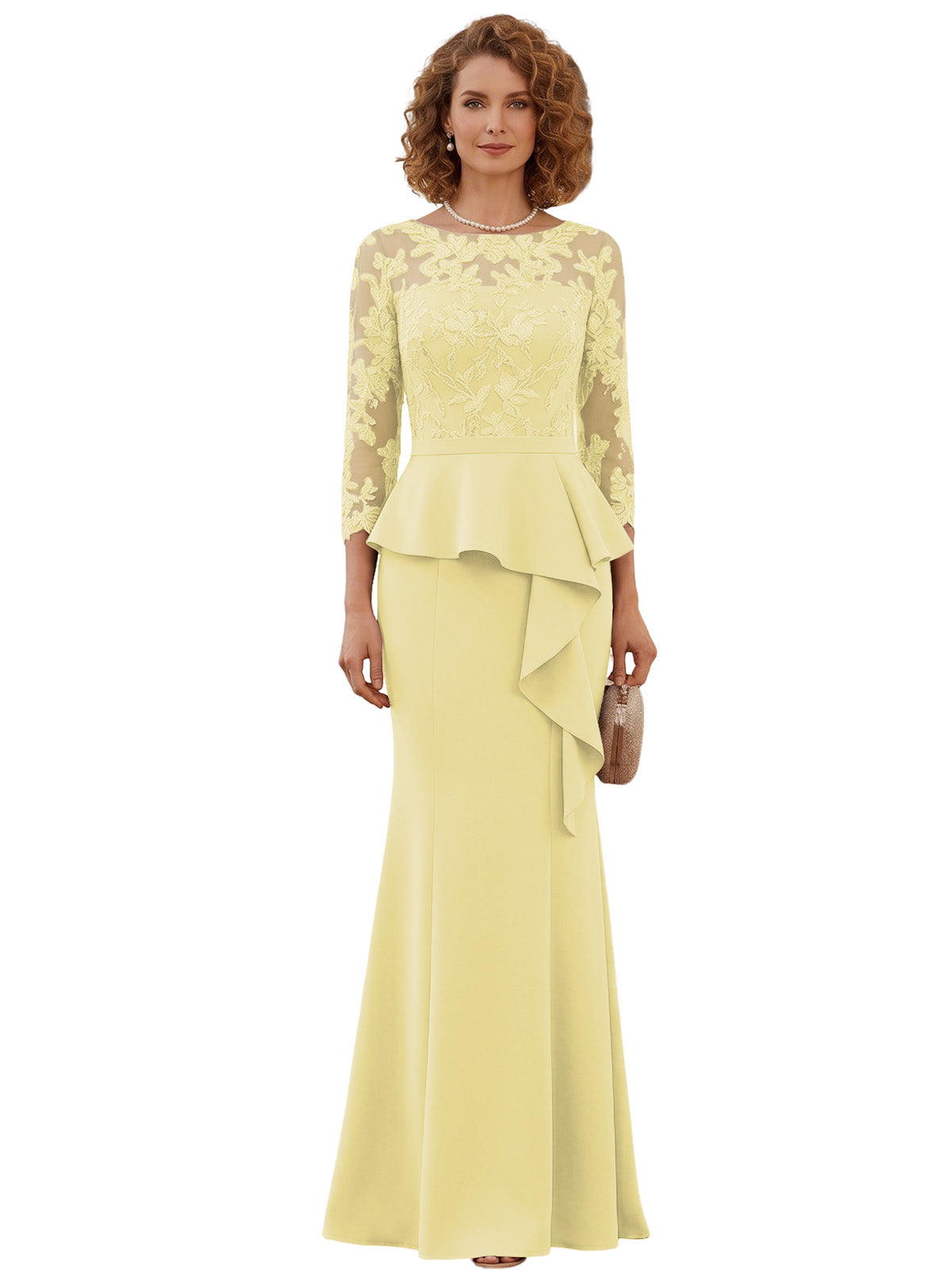 Long Mother of the Bride Dress Lace Illusion Bodice Peplum Mermaid Formal Evening Gown