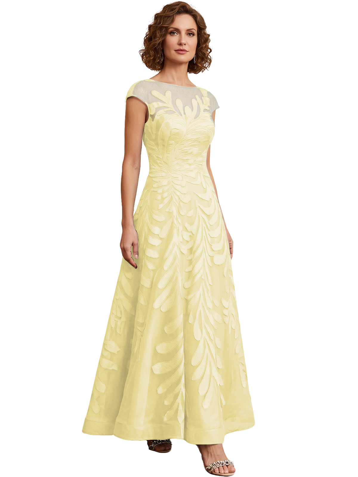 Embroidered Tulle Mother of the Bride Dress Long A-Line Gown with Illusion Cap Sleeves
