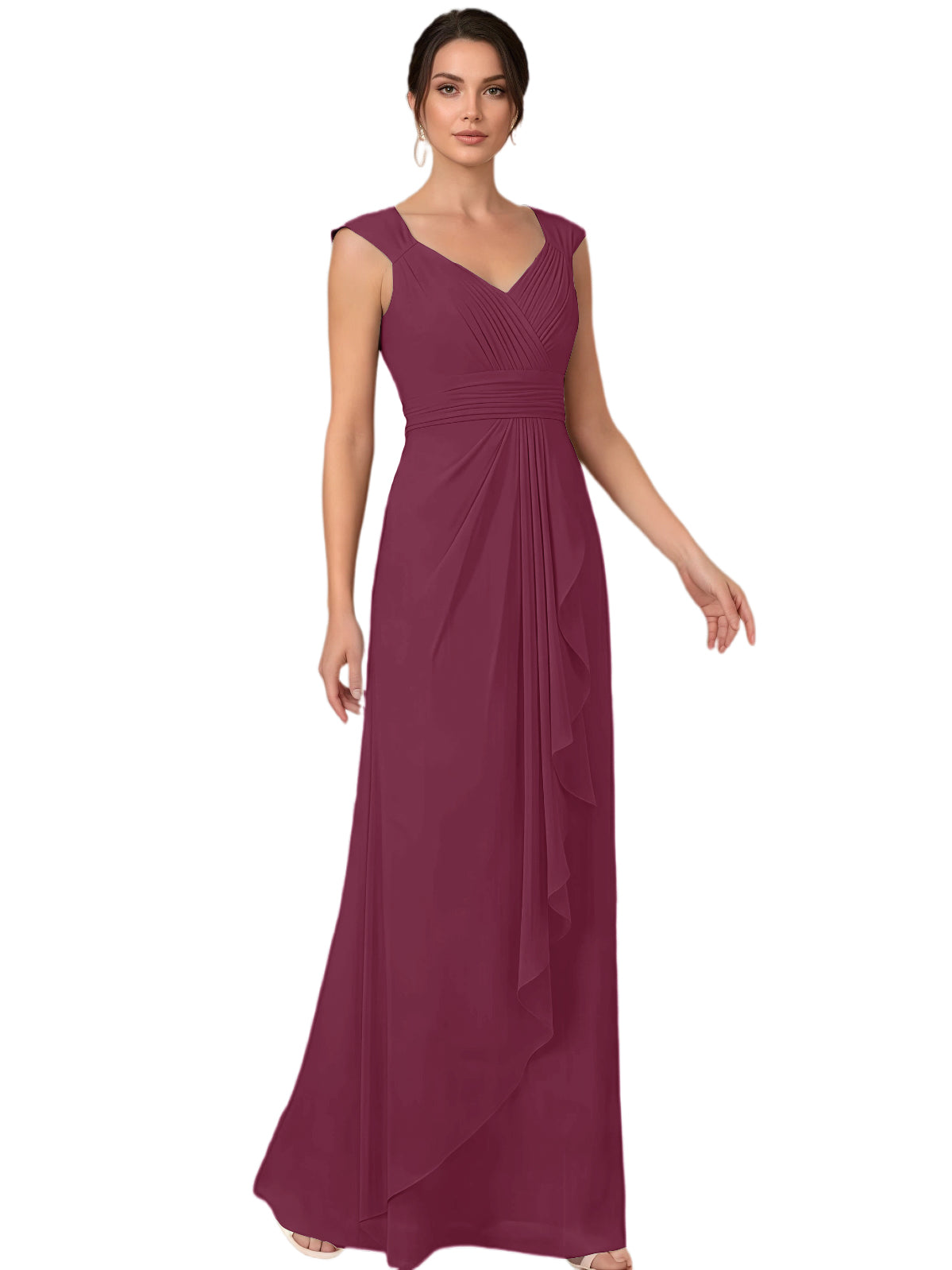 Mother of the Bride Dress Long Sleeveless V-Neck Chiffon Formal Gown with Ruffle Detail