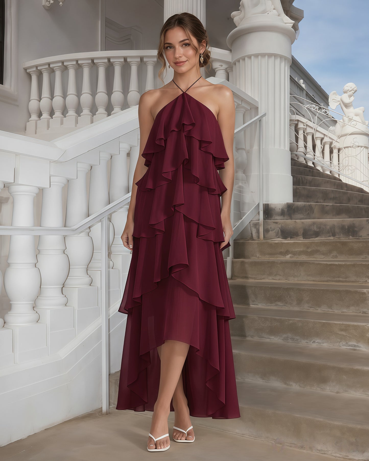 One-Shoulder Tiered Ruffle High-Low Chiffon Formal Dress