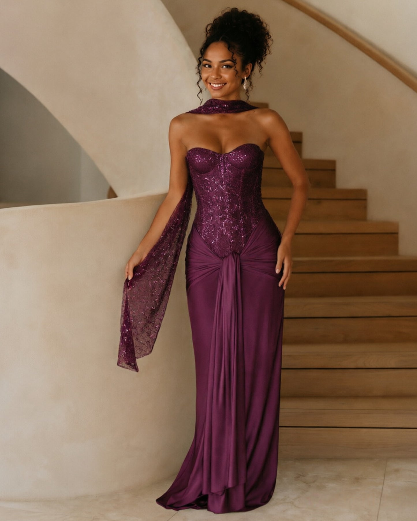 Strapless Sequin Corset Jersey Prom Dress with Draped Scarf Detail