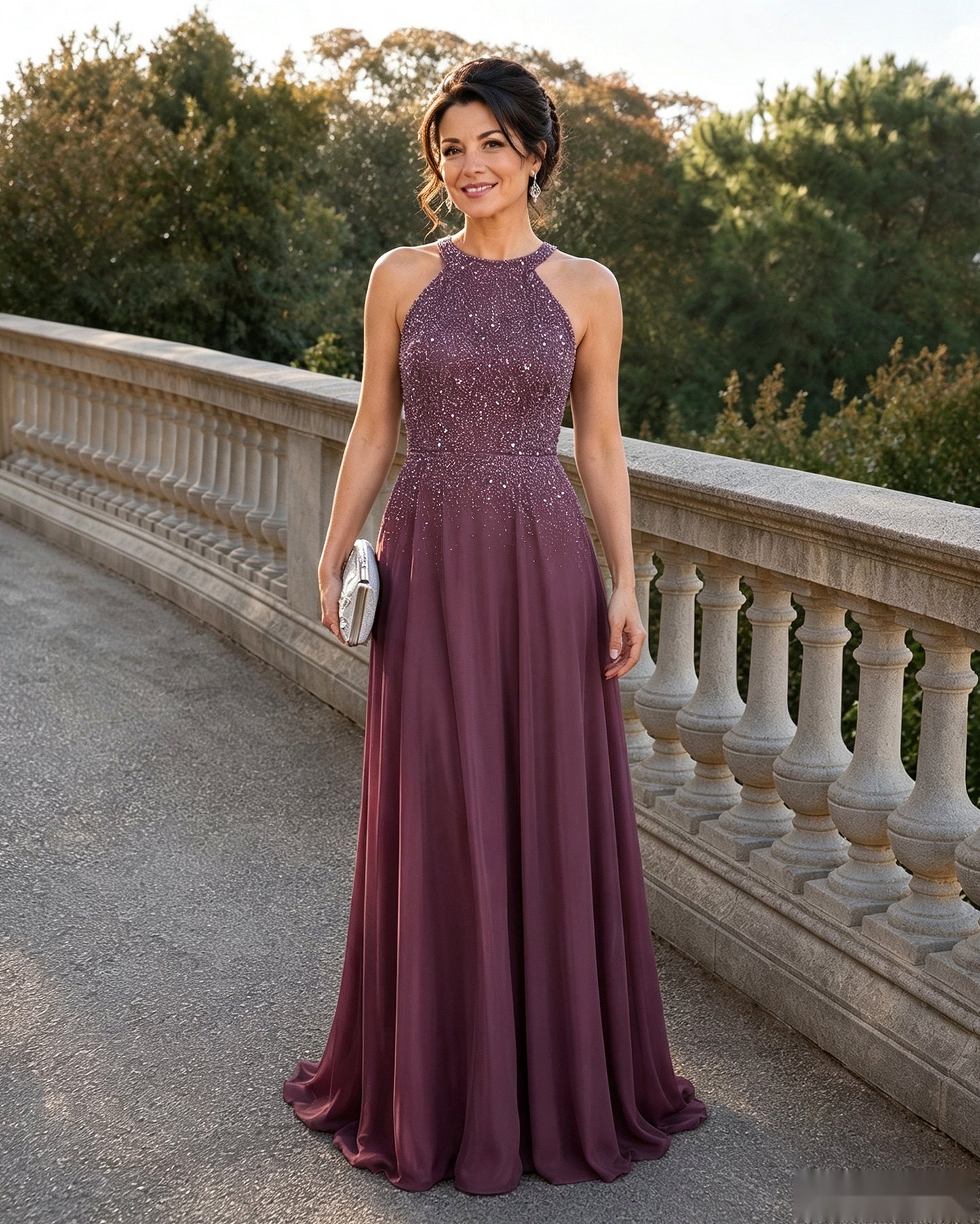 Halter Neck Sequin Chiffon A-Line Mother of the Bride Dress