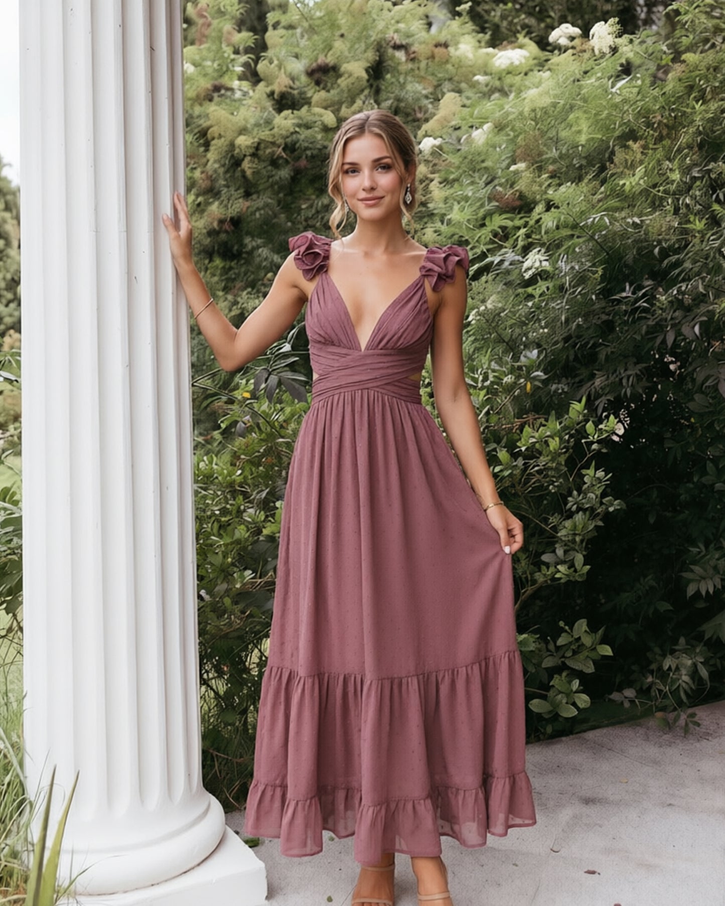Deep V-Neck Swiss Dot Chiffon Bridesmaid Dress with Ruffle Straps