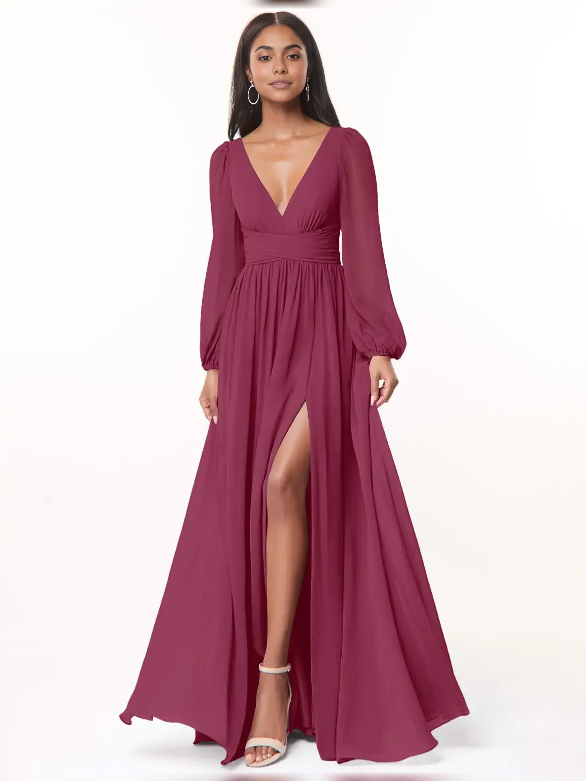 Slit Plunging Neckline A-Line Floor-Length Chiffon Bridesmaid Dress for Wedding Ceremony