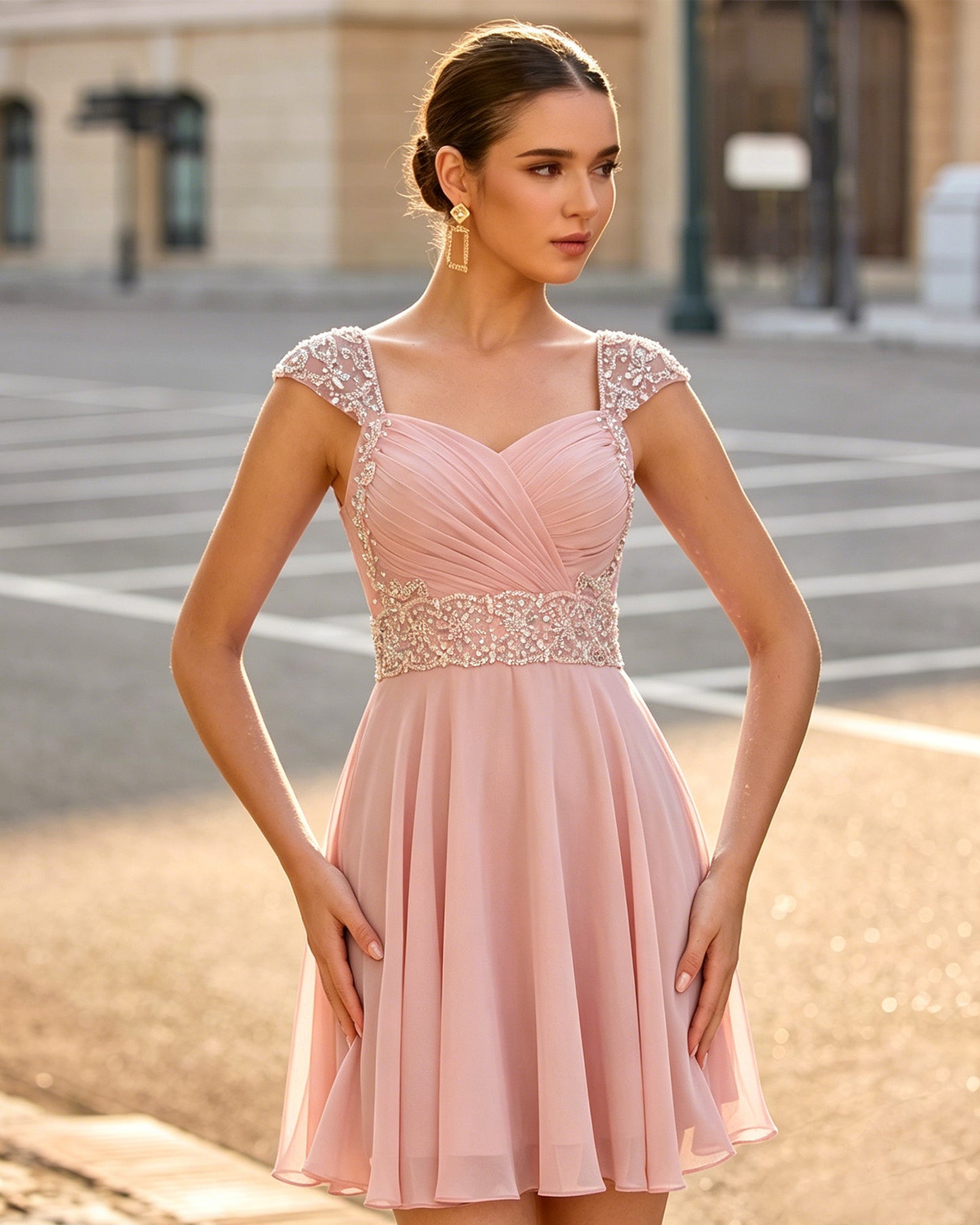 Sweetheart Ruched Chiffon Short Homecoming Dress with Beaded Cap Sleeves