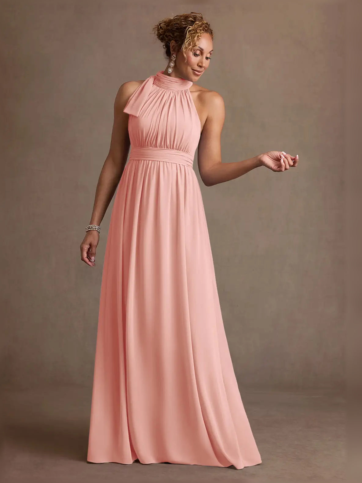 Halter Neck Ruching A-Line Floor-Length Sophisticated Formal Dress