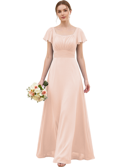 Square Neck Chiffon Bridesmaid Dress with Flutter Sleeves and Lace-Up Back