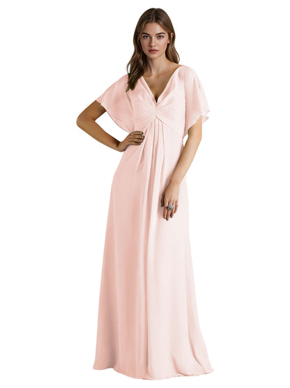Short Sleeve V-Neck Chiffon Bridesmaid Dress with Gathered Waist