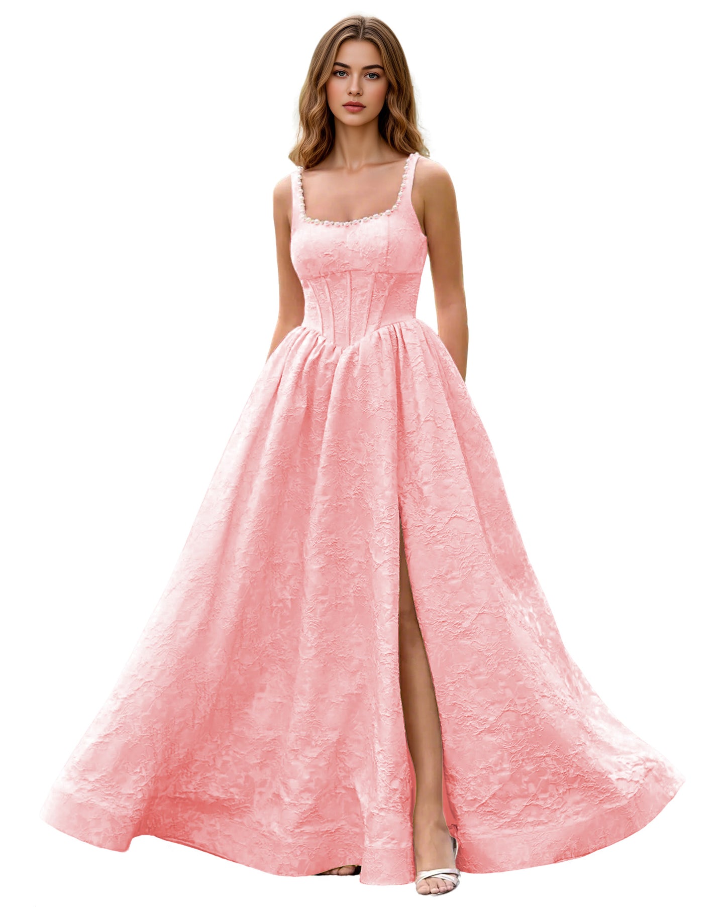 Square Neck Jacquard Ball Gown Prom Dress with Wide Straps and Pockets